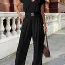 Pink Queen Jumpsuits for Women Dressy V Neck Short Sleeve Wide Leg Rompers Business Casual One Piece Outfits (Black, XL)