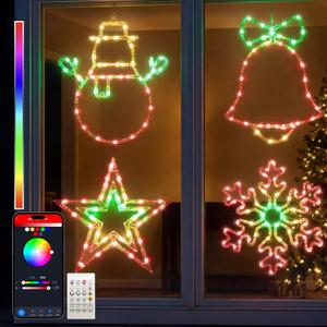 15'' Smart Christmas Window Lights 4 Pack, Color Changing Window Silhouette Lights, Timer, App Control, Music Sync, Bells, Snowflake, Star, Lighted Christmas Decorations for Indoor Outdoor