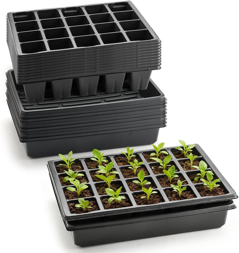 RooTrimmer 10 Pack 2.5 inch Square Pots 3.5 inch Deep 20 Cell Seedling Plug Trays with Water Collection Nursery Trays (15"x11"x3") for Seeds Starting and Transplanting, 20 Cell Plug Trays + Flat Trays-10P