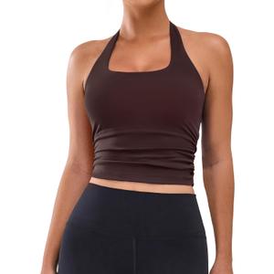 BMJL Womens Halter Built in Bra Workout Sports Tank Tops Summer Trendy Backless Going Out Clothing 2025 (Small, Coffee)