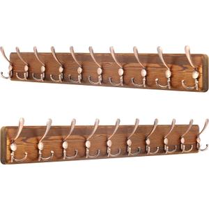 SKOLOO Coat Rack Wall Mounted - 38.3'' Long, Pack of 2, Wooden, Heavy Duty, Rustic Coat Hooks for Wall, Wall Coat Rack with 10 Triple Hooks for Hanging Clothes, Jacket, Hat(Brown & Retro Red)