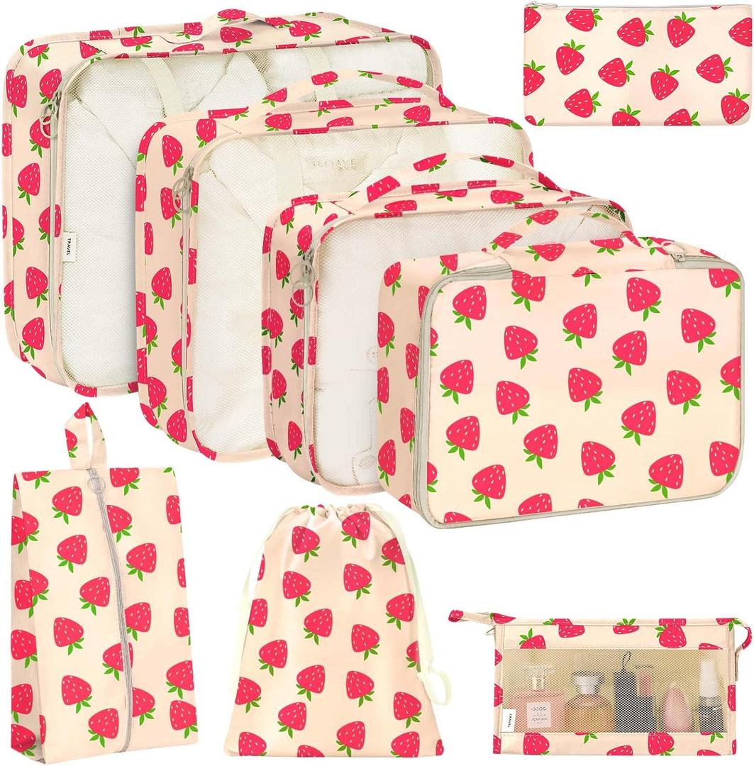 KPX 8 Set Packing Cubes for Travel, Luggage Packing Organizers Accessories Large Toiletries Bag for Clothes Shoes Cosmetics (Strawberry)
