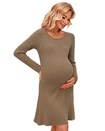 OUGES Women's 2024 Fall Maternity Dress Baby Shower Photoshoot Maternity Clothes Pregnancy Must Haves Long Sleeve Crew Neck Business Lightweight Midi Knit Sweater Dress (Camel, M)