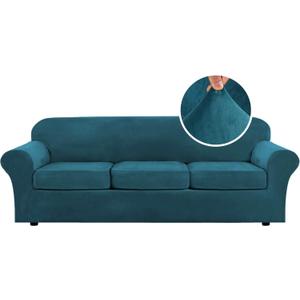 H.VERSAILTEX High Stretch Sofa Slipcover 4 Piece Cover Velvet Furniture Protector Form Fit Thick Velvet Extra Large Sofa Cover for 3 Cushion Couch Width Up to 97 Inch (Large Sofa, Deep Teal)
