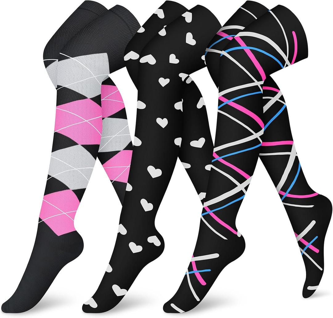 CHARMKING Compression Socks (3 Pairs) Knee High Compression Sock for Women & Men Stockings for Running, Cycling,Athletic (Small-Medium, 08 Pink/Pink/Black)