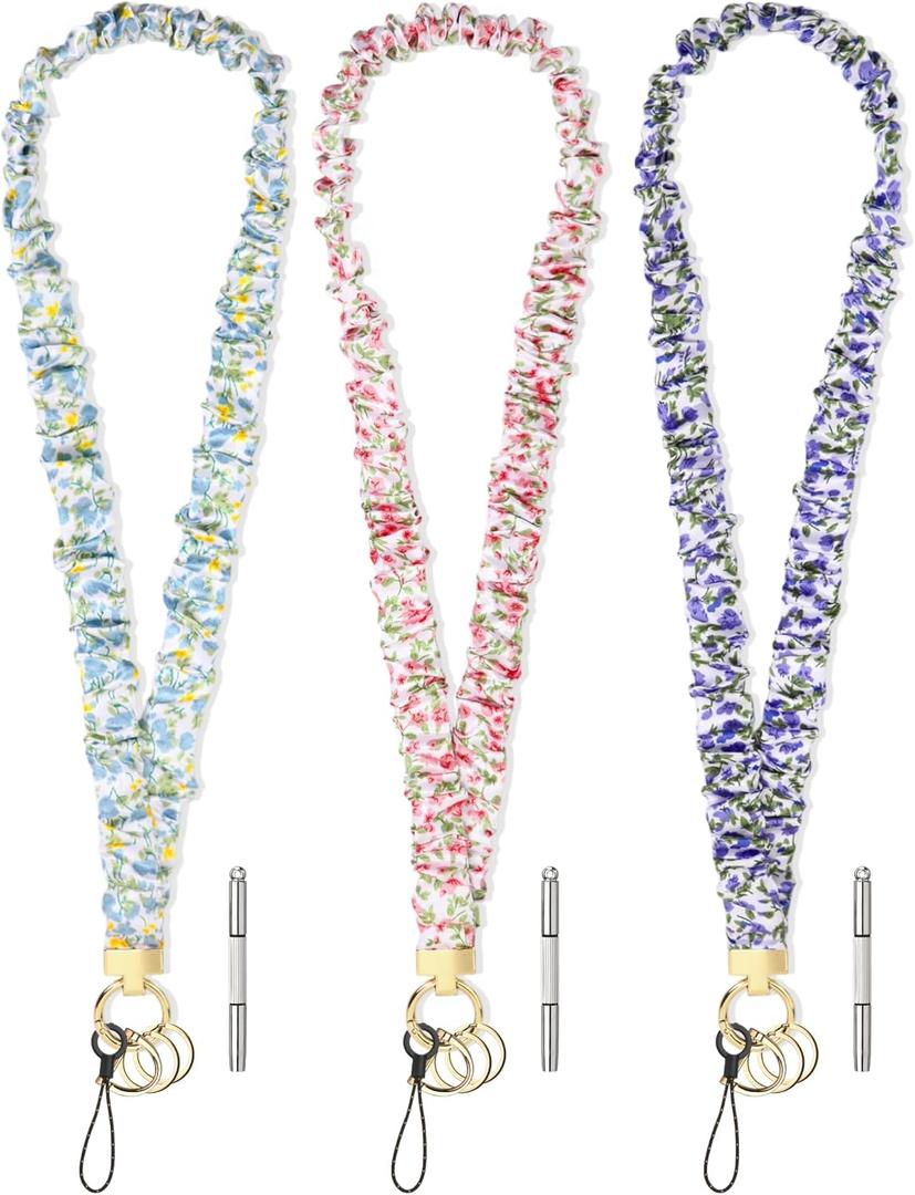 Geyoga 3 Pcs Stretchy Scrunchie Lanyard for ID Badges Scrunchy Neck Keychain with Clip Closure for Teacher (Pink Blue)