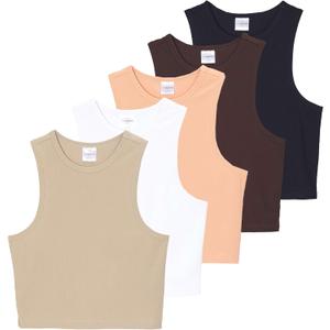 Real Essentials 5 Pack: Womens Ribbed Crop Tank Tops Sleeveless Racerback Workout, Yoga, Athletic & Casual Shirts (Small, Set 3)