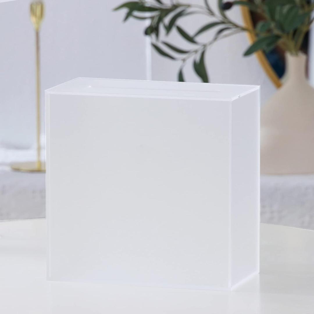 UNIQOOO Frosted Acrylic Wedding Card Box with Slot, Thick DIY Large 10x10x5.5 inch w/No Print, Wedding Receptions Wishing Well Money Box, Birthday, Memory Box, Suggestion Boxes, Acrylic Ballot Box