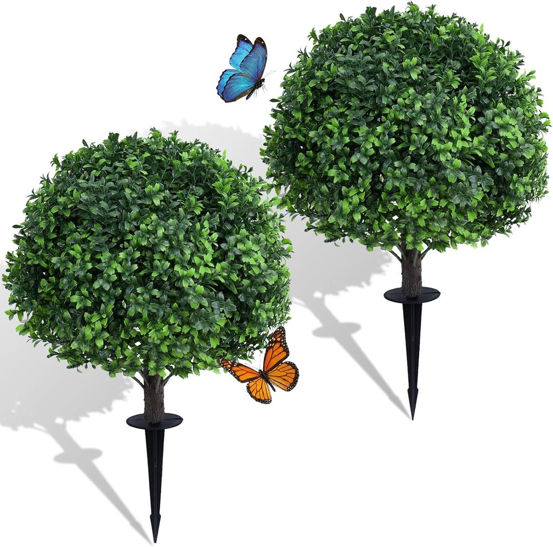 Dense Leafy Artificial Boxwood Topiary Ball Trees 24 Inch, Set of 2 Fake Plants Outdoor with Ground Spike, UV Resistant Faux Boxwood Bushes for Garden Patio Front Porch Decor