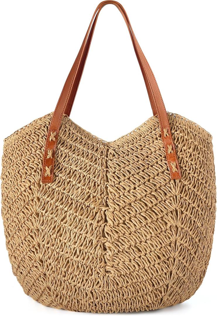 Beach Bags for Women - Straw Bag with Zipper, Soft Woven beach bag, Casual Straw Shoulder Bag for Daily Use