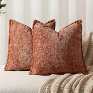 DEZENE Pack of 2 Burnt Orange Fall Decorative Throw Pillow Covers 18x18 Cozy Soft Chenille Accent Vintage Square Couch Pillow Covers for Home Decor Bed Sofa Living Room