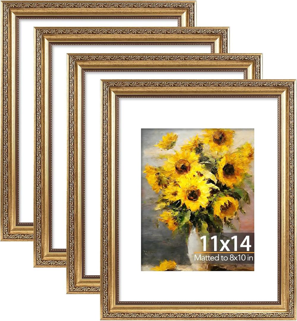 JCJMY 11x14 Vintage Picture Frame with 8x10 Mat Set of 4, Elegant Retro 11 by 14 Photo Frame with Shatter-Resistant Plexiglass for Wall Hanging, Gallery Decor & Gift, Gold, 4 Pack