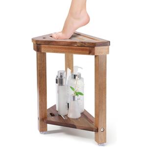 Boulphia Shower Foot Rest 14in, Acacia Wood Shower Stool for Shaving Legs, Waterproof Corner Shower Stool with Storage Shelf for Inside Small Shower Spaces, Wood Color