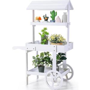 Hanaive Flower Cart Display Stand with Wheels for Bridal Shower Baby Shower Party Large Country Market Vintage Wooden 3 Tier Rolling Table Cart for Display Flower Candy Party Favors and Crafted Items (White)