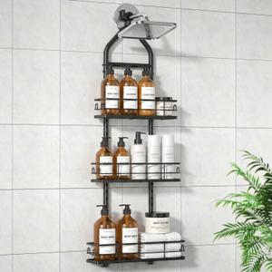 3 Tier Hanging Shower Head Caddy, Adjustable Hanging Shower Caddy Over Showerhead, Standing Shower Caddy No Drilling Handing Racks Rustproof for Bathroom Shampoo Soap Storage