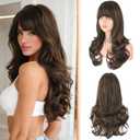 Haloo Brown Auburn Wigs with Bangs Long Wavy Layered Haircut Natural Looking Fluffy Synthetic Heat Resistant Hair Wig for Women Daily Party, 24 Inch Brown Mixed Auburn
