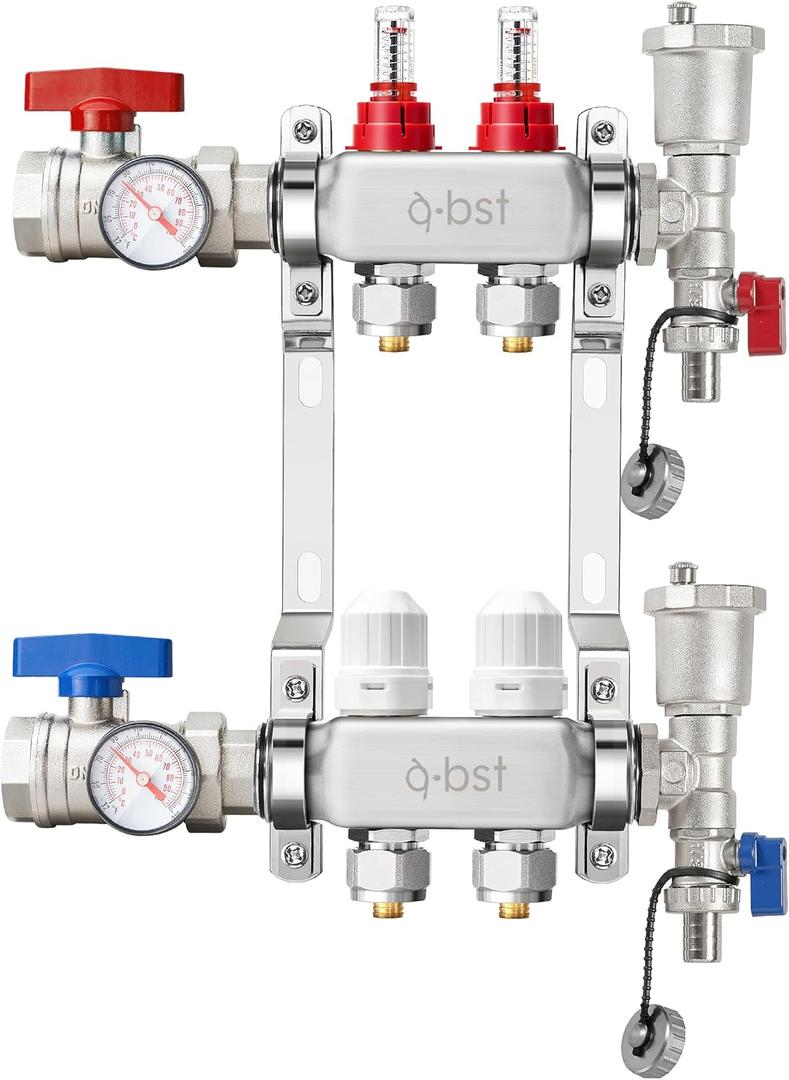 ABST PEX Manifold,2 Loop Stainless Steel Floor Radiant Heat Manifold Kit with 1/2" Adapters Included for Hydronic Radiant Floor Heating