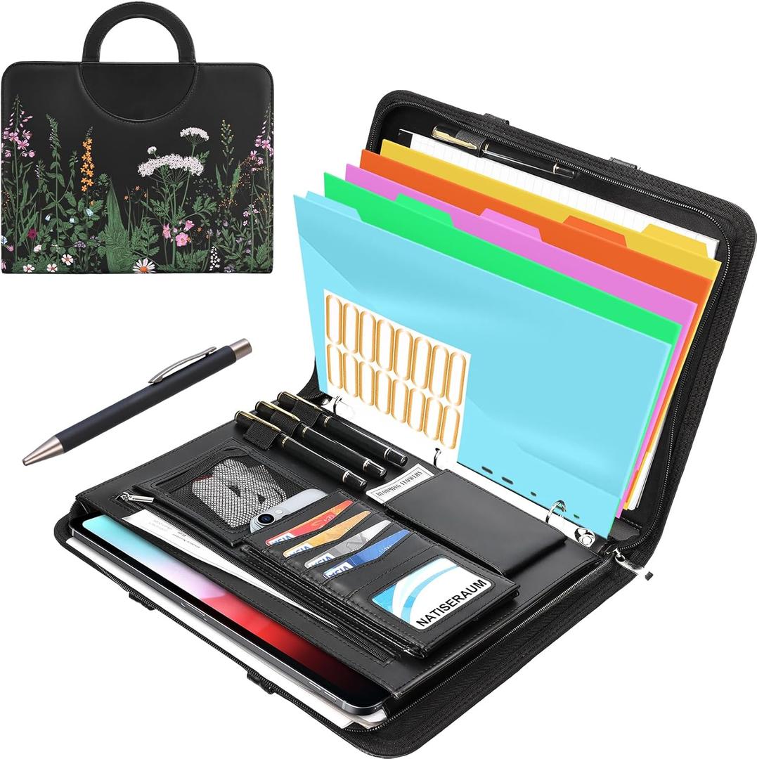 NATISERAUM Portfolio Binder 3 Ring Includes Pen and 5 Dividers with 10 Pockets, Padfolio Organizer with Zipper for Men and Women, Includes A4 Notepad for Business, School, Work (Black Print+ 5 Colorful Protectors)
