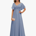 Miao Duo Short Sleeves Plus Size Mother of The Bride Dresses for Curvy Women V Neck Formal Dresses with Pockets YZTS224 (Dusty Blue, 12)