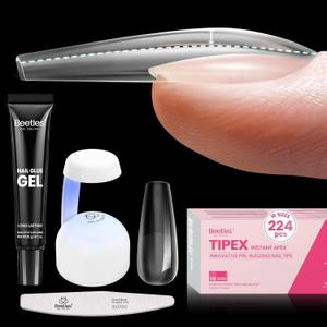 Beetles Tipex Instant Apex Nail Tips Kit, Coffin Long 224Pcs 16 Sizes Pre-Building & Pre-Etched Thicker Acrylic Nails False Nail Extension with Tipex Nail Glue Mini Nail Lamp for Flat Nails