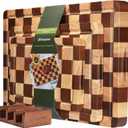 Checkerboard Cutting Board 3-PC Set, Solid Wooden Chopping Board, Acacia Wood Cutting Board for Kitchen with Holder with Deep Juice Grooves & Built-in Handles, for Meat, Vegetables and Fruits, 3-piece Set