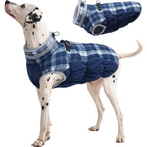 FUAMEY Dog Coat for Large Dogs,Waterproof Dog Winter Jacket with Harness Built in Puppy Cold Weather Coats Reflective Pet Vest with Zipper Warm Fleece Dogs Snowsuit Windproof Blue Plaid L (L(chest:24in))