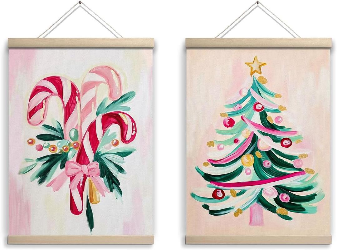 Pink Christmas Wall Art Decor for Girls Bedroom Pink Christmas Decor Hanging Berry Posters Wall Prints Living Room Set of 2, Vintage Christmas Wall Hanging Vacation Posters Art Xmas Gifts for Girls Women 12x16