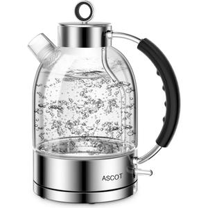 ASCOT Electric Kettle, Glass Electric Tea Kettle Gifts for Men/Women/Family 1.6L 1500W Borosilicate Glass Tea Heater, with Auto Shut-Off and Boil-Dry Protection (Silver) (Stainless Steel)