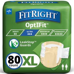 FitRight Ultra Heavy Absorbency Adult Diapers for Men & Women, Waist Size: X-Large 56-64 inches, OptiFit Incontinence Disposable Briefs with Leak Protection for Seniors, 80 Count