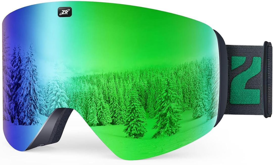 ZIONOR X11 Ski Goggles Magnetic Cylindrical Snowboard Snow Goggles for Men Women (B1-black Frame Revo Green Lens Vlt 17% S3)