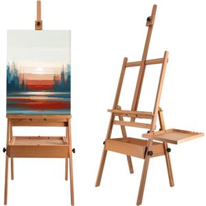 Large Solid Beech Wood Painting Easel with Storage Drawer and Palette (60"~75" H), H-Frame Foldable Wooden Easel Stand with Signature Box for Adults and Students, Holder up to 36''