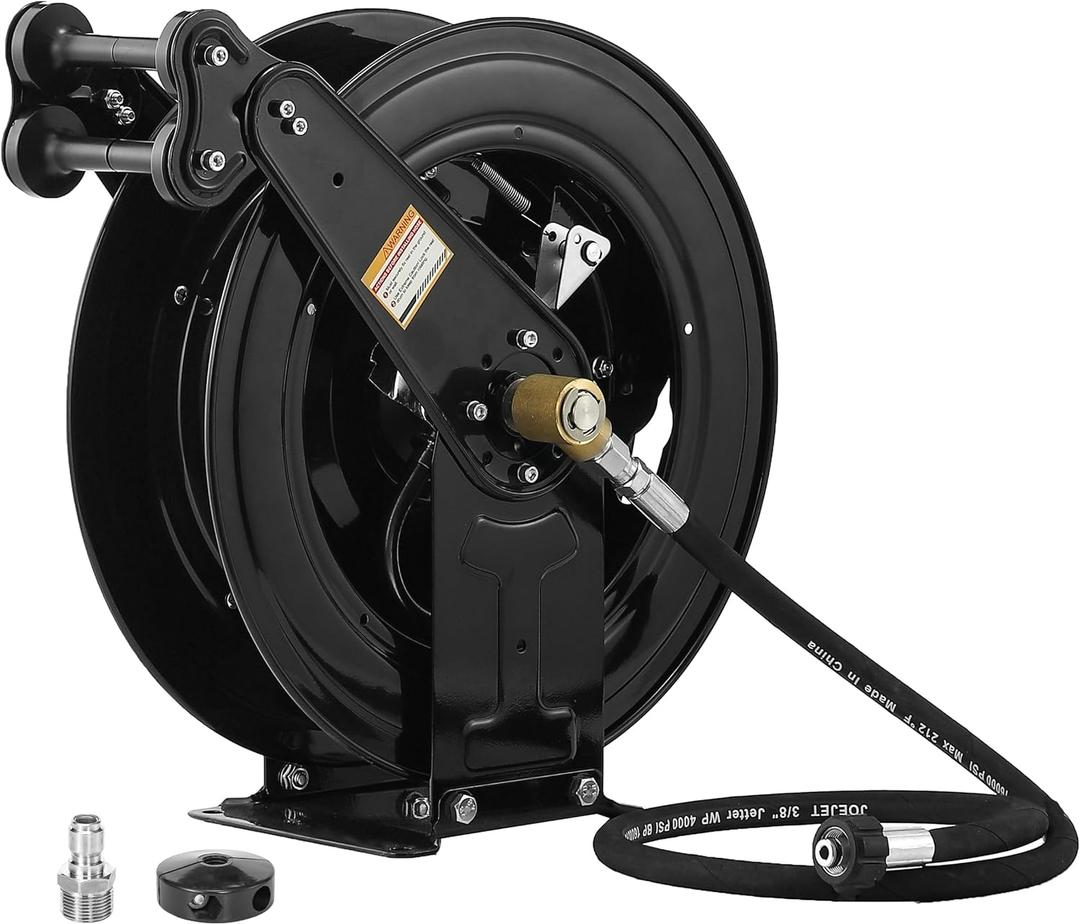 JOEJET Auto-Retractable Pressure Washer Hose Reel, 50FT x 3/8" Heavy Duty Steel Power Washer Hose Reel Dual Arm, 4000 PSI