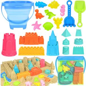 Collapsible Beach Toys for Kids Toddlers, Collapsible Sand Container and Shovels Set with Mesh Bag, Travel Sand Castle Building Kit, Sandbox Toys, Foldable Beach Essentials for Toddlers Kids Age 3-10