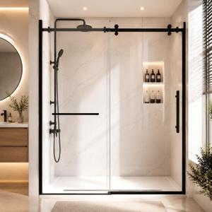 6060.8" W x 76" H Shower Door, Sliding Glass with ExplosionProof Film, Water Repellent Frameless Shower Door with 1/4" (6mm) Clear Tempered Glass, Stainless Steel Hardware, Black