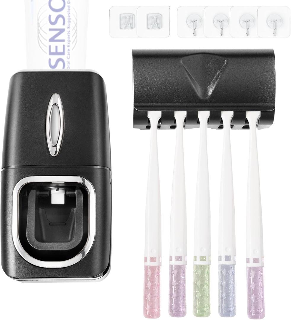 Toothbrush Holder and Toothpaste Dispenser Set, Automatic Toothpaste Squeezer Dispenser, Dispenser Toothpaste Squeezer Kit, Wall Mounted Bathroom Accessories (Black)