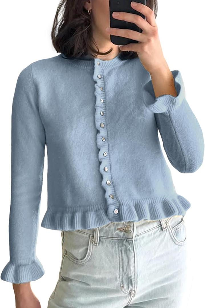 Wyeysyt Womens Cropped Cardigan Sweaters Ruffle Crewneck Button Down Cardigans 2026 (Small, Blue)