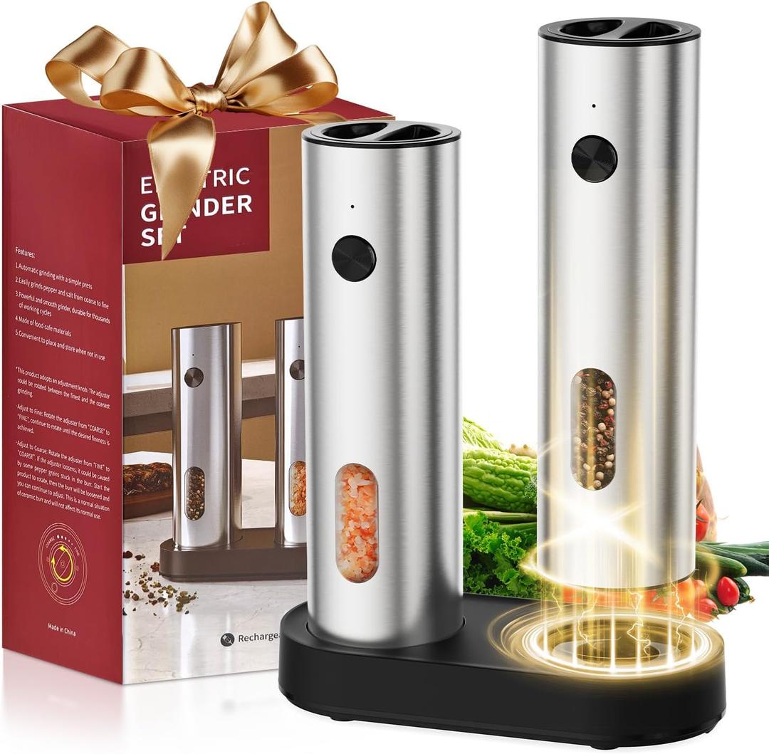 Electric Salt and Pepper Grinder Set, Pepper and Salt Shakers, Auto Pepper Mill with Rechargeable Base/Led Light/Adjustable Coarseness, Kitchen Essentials Ideal for Daily Use & New Home Gift (Stainless steel color)