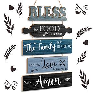 Geetery Bless The Food Before Us Wall Decor Farmhouse Kitchen Decor Rustic Dining Room Wall Art Vintage Country Wooden Hanging Sign(Farmhouse Blue)
