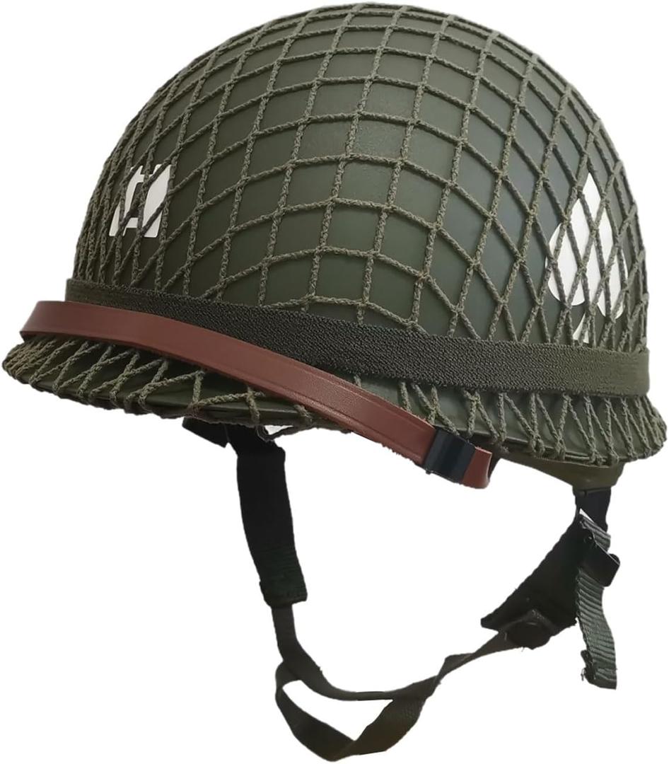 WWII US Army M1 Steel Helmet Replica - WW2 Gear with Canvas Chin Strap, Mesh Cover, Cat Eye Band & DIY Stickers