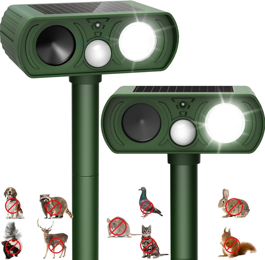 Upgraded Solar Ultrasonic Animal Repellent Outdoor, Deer Repellent Devices Squirrel Cat Raccoon Rabbit Dog Deterrent, Keep Skunk Away Motion Detection with Flash Light for Yard Garden Lawn, 2 Pack, Green