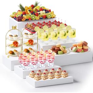 Leinuosen 7 Pcs Extra Large Buffet Risers Set 10" to 16" Rectangle Acrylic Display Box Catering Dessert Table Riser Food Display Decorative Stand with Hollow Bottom for Catering Supplies(White)
