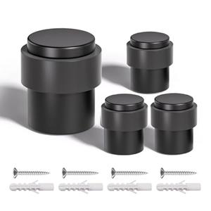 SANATO Black Cylindrical Floor Mounted Stainless Steel 304 Door Stop Door Stopper with Black Rubber, 4 Pack