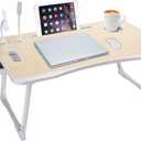 Laptop Bed Table, Laptop Desk for Bed, Foldable Laptop Bed Desk with USB Charge Port, Handle, Desktop Card Slot, Cup Slot, Side Drawer, Laptop Table Portable Notebook Stand for Eating Reading Working (White Maple)
