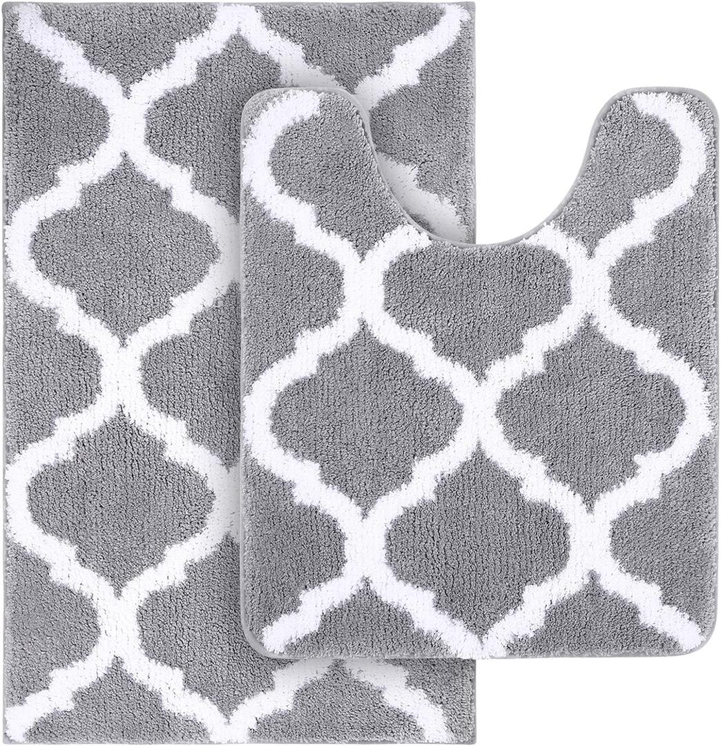 OLANLY Bathroom Rugs Set 2 Piece, Microfiber Bath Shower Mat and U-Shaped Toilet Rug, Machine Wash Dry, Non-Slip Absorbent Shaggy Bath Mats for Tub, Shower and Bathroom (30"x20"+24"x20", Grey)
