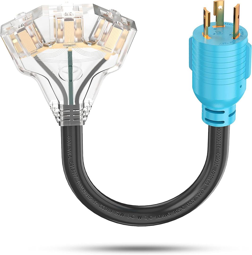 CircleCord 3 Prong Generator Distribution Adapter Cord, NEMA L5-30P Male to 3X 5-15R/5-20R T-Blade Household Outlet Female with Power Indicator, STW 10 Gauge 125V 3750W Blue