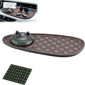 Mobile Phone Bracket Anti-Slip Mat,Universal Fit Anti-Slip Mat,Multifunction Car Dashboard Mat with Temporary Parking Number,360° Rotating Adjustable Phone Holder (Black-Brown)