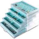 Frebeauty Extra Large Acrylic Jewelry Box for Women 5 Layers Clear Jewelry Organizer Velvet Earring Box with 5 Drawers Rings Display Case Necklaces Holder Tray for Women Girls (Turquoise)