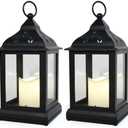 Bright Zeal 2-Pack 9.5" Vintage Decorative Candle Lantern with LED Flickering Flameless Candle (Black, 8hr Timer) - Indoor Hanging Lanterns Decorative Lanterns Battery Powered LED Candle Timer Candle