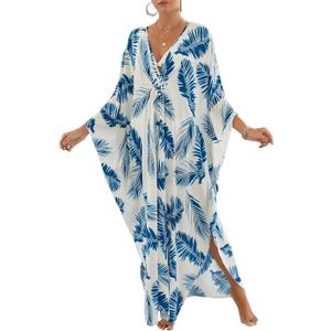 Women Animal Print Kaftan Dresses Plus Size Swimsuit Coverup 2025 Summer Bathing Suit Caftan Loungewear Beach Dress (Blue Leaves) One size