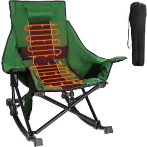 Slendor Oversized Rocking Camping Chair, Heated Camping Chair with 3 Heat Levels, Portable Outdoor Rocker Chair, High Back, Pillow, Carry Bag, Padded, Supports 330 lbs, Green